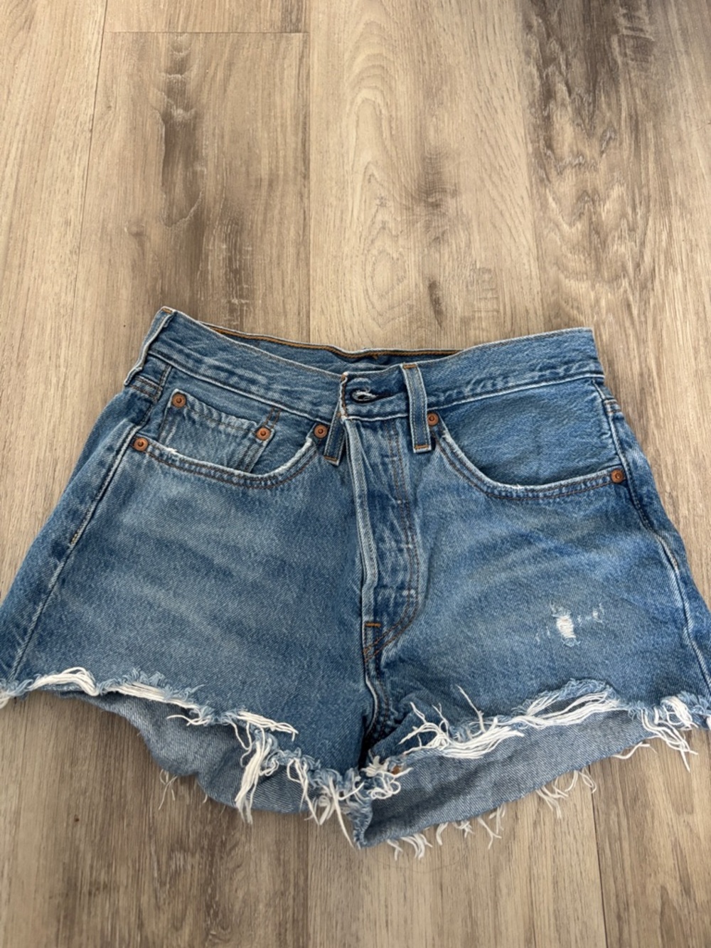 Levi's Distressed Light Blue Frayed Denim Shorts - 501’s